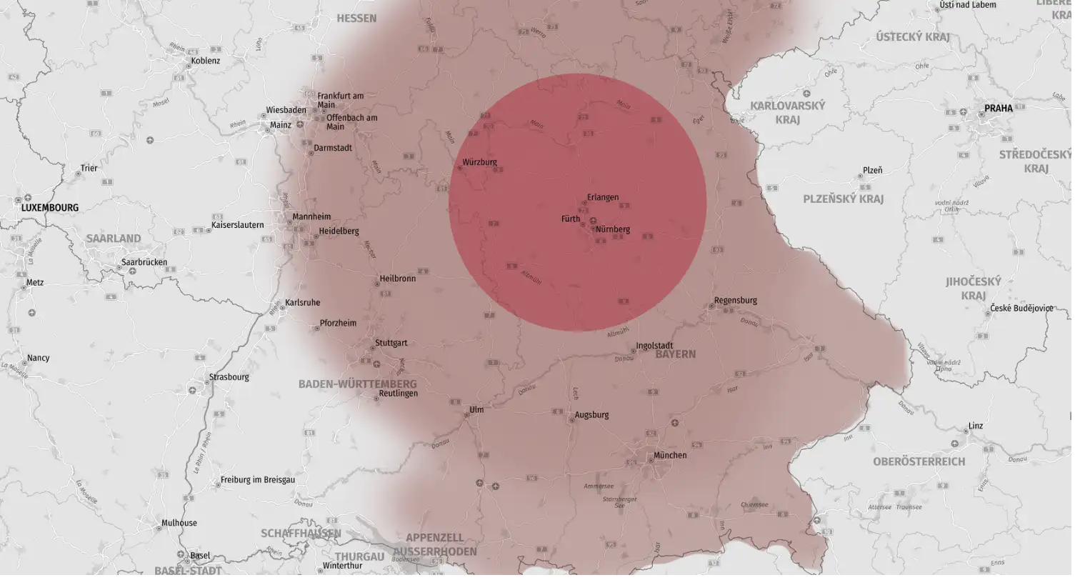 Karte des Fahrgebiets der Pferdethermografie rund um Emskirchen in Bayern