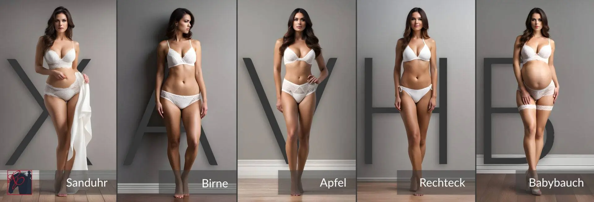 Fünf weibliche Körperformen im Vergleich: X, A, V, H und Babybauch