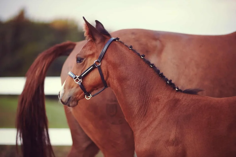 Detailaufnahme von Kopf und Hals eines Fohlens vor dem Körper seiner Mutter