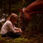 Frau sitzt im Herbstwald in Bayern vor dem Pferd